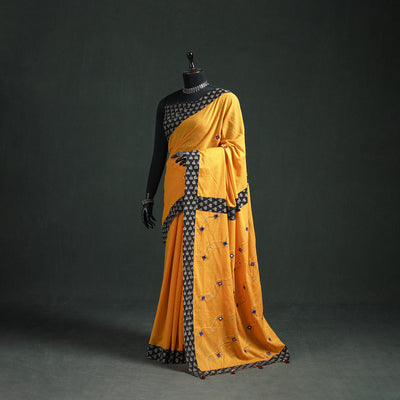 Tagai & Mirror Embroidered Ajrakh Patchwork Pure Mul Cotton Saree with Blouse Piece 10