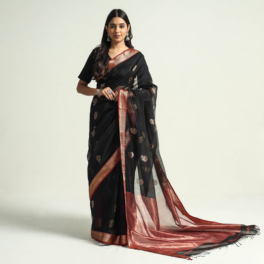 Black - Traditional Chanderi Silk Handloom Saree with Zari Border & Buta