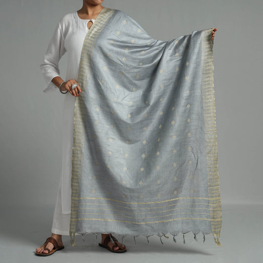 Light Grey Jamdani Buti Mulberry Silk Handloom Dupatta with Tassels