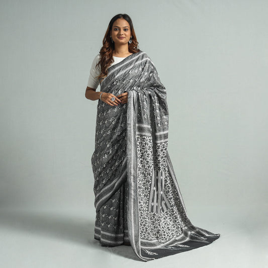 Grey - Bengal Kantha Hand Embroidery Silk Handloom Saree