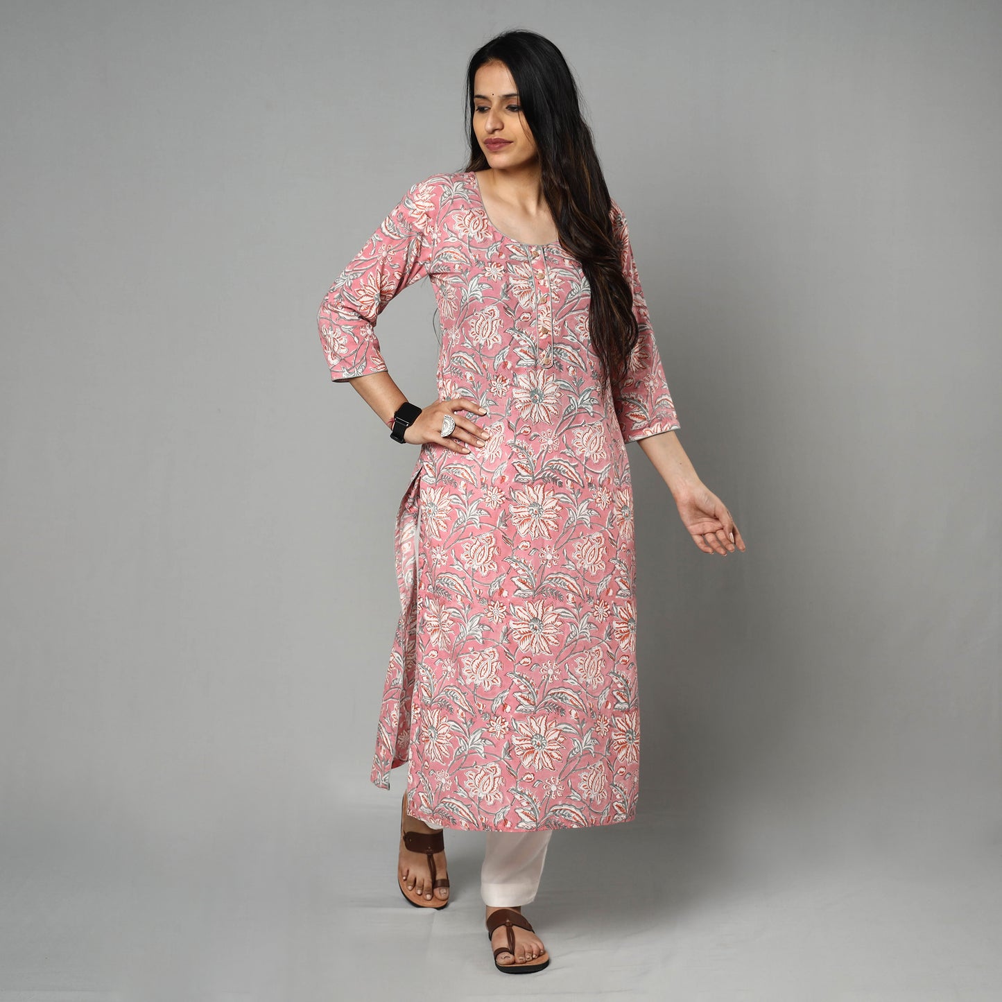 Pink - Sanganeri Block Printing Cotton Long Kurta