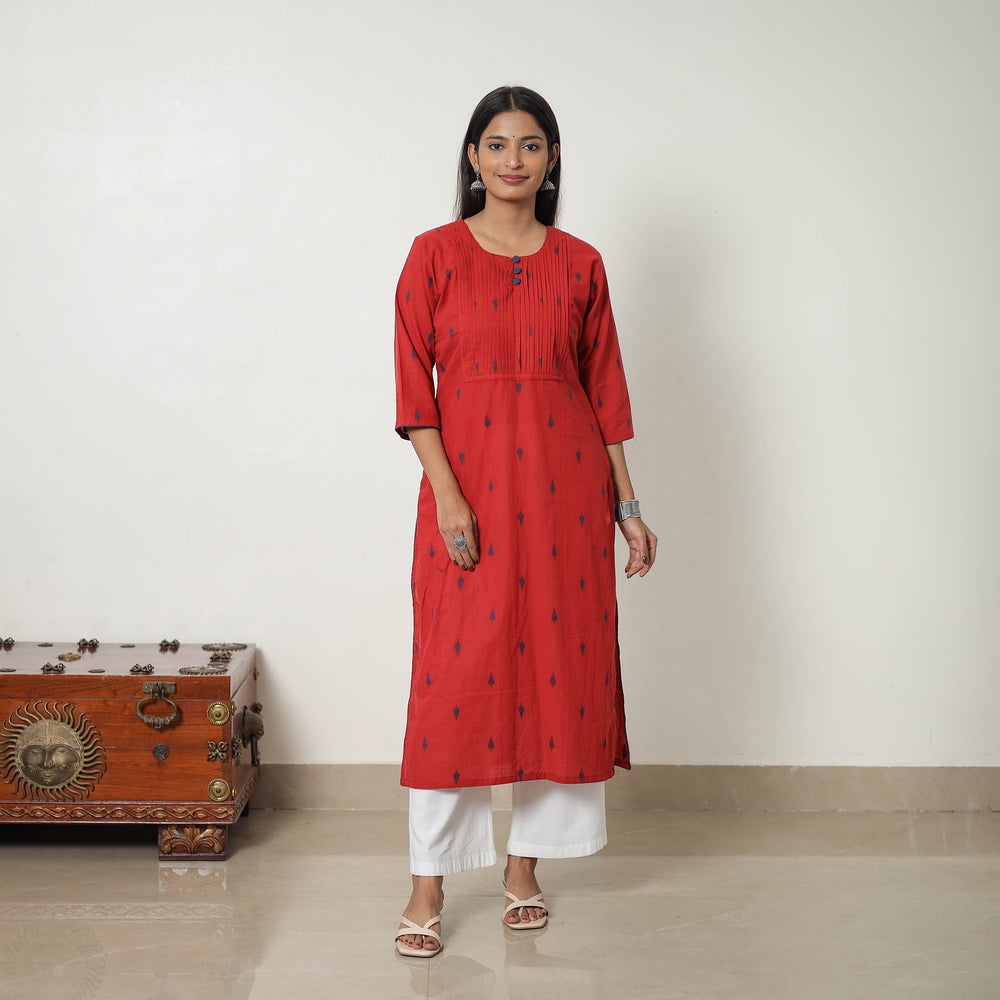 Red - Pure Cotton Pintuck Straight Jacquard Kurta 10