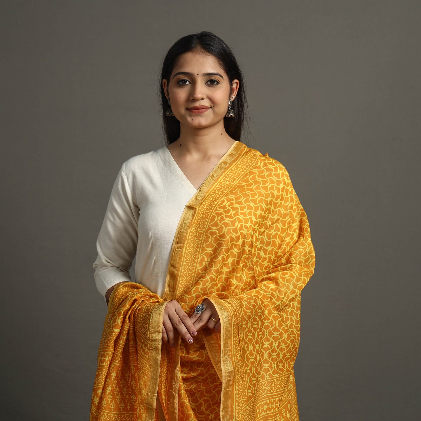 Orange - Block Printed Chanderi Silk Bagru Dupatta 02