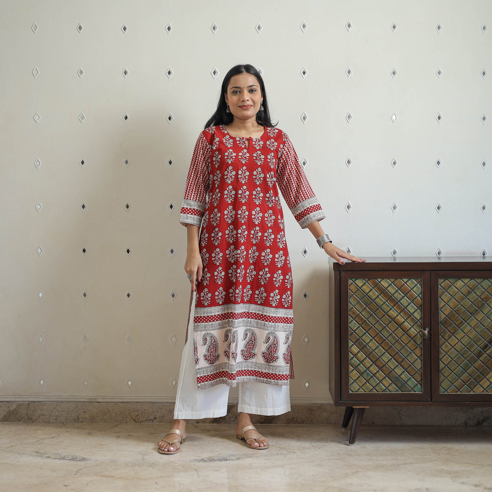 Red - Block Print Cotton Straight Bagh Kurta 03