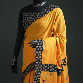 Tagai & Mirror Embroidered Ajrakh Patchwork Pure Mul Cotton Saree with Blouse Piece 10