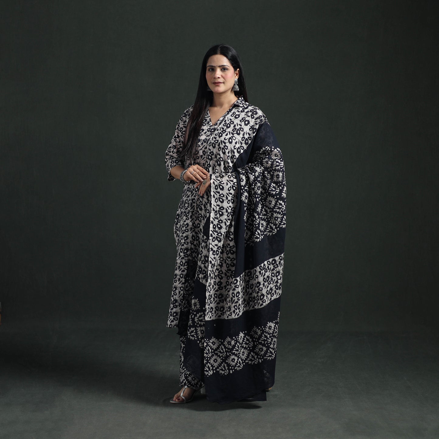 Hand Batik Print Cotton Suit Set with Dupatta for Women 12