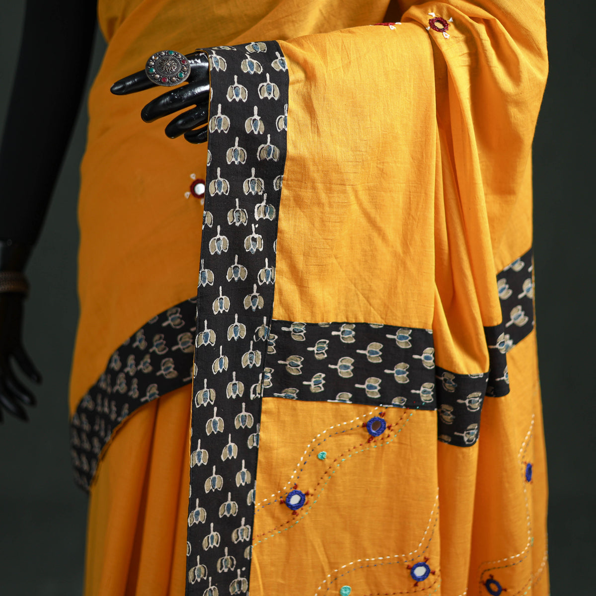 Tagai & Mirror Embroidered Ajrakh Patchwork Pure Mul Cotton Saree with Blouse Piece 10