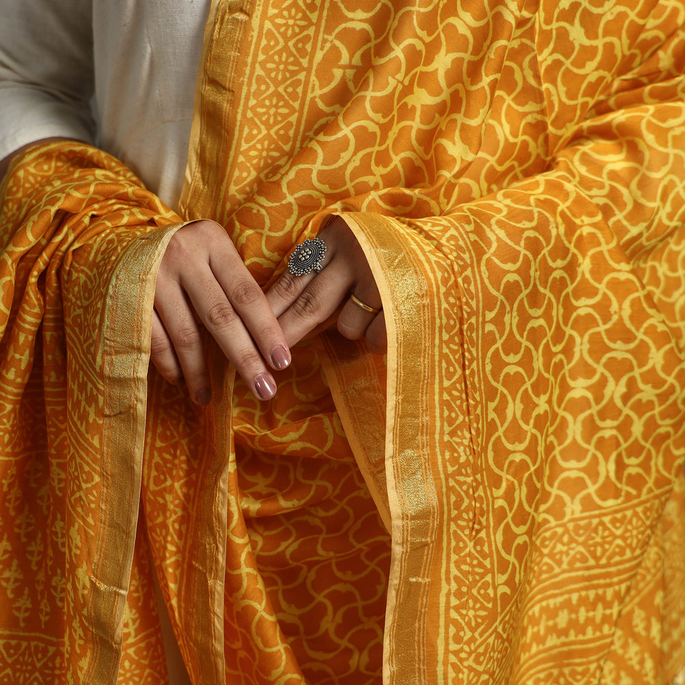 Orange - Block Printed Chanderi Silk Bagru Dupatta 02