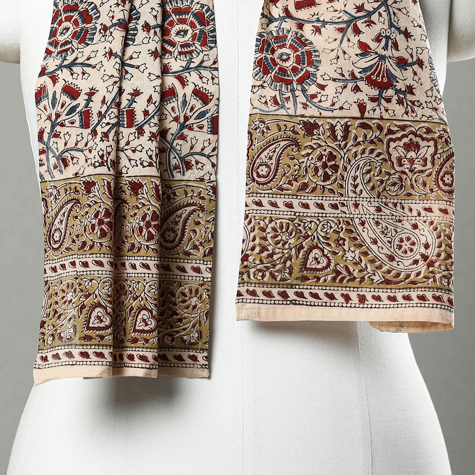 Beige - Pedana Block Print Natural Dyed Cotton Kalamkari Stole 39