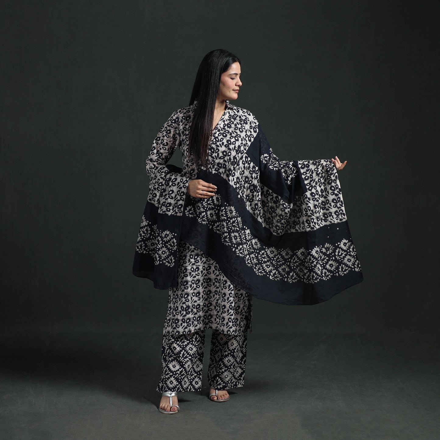 Hand Batik Print Cotton Suit Set with Dupatta for Women 12