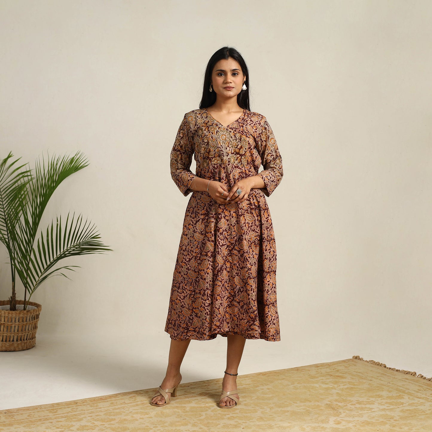 Pedana Block Print Cotton Flared Kalamkari Dress 02