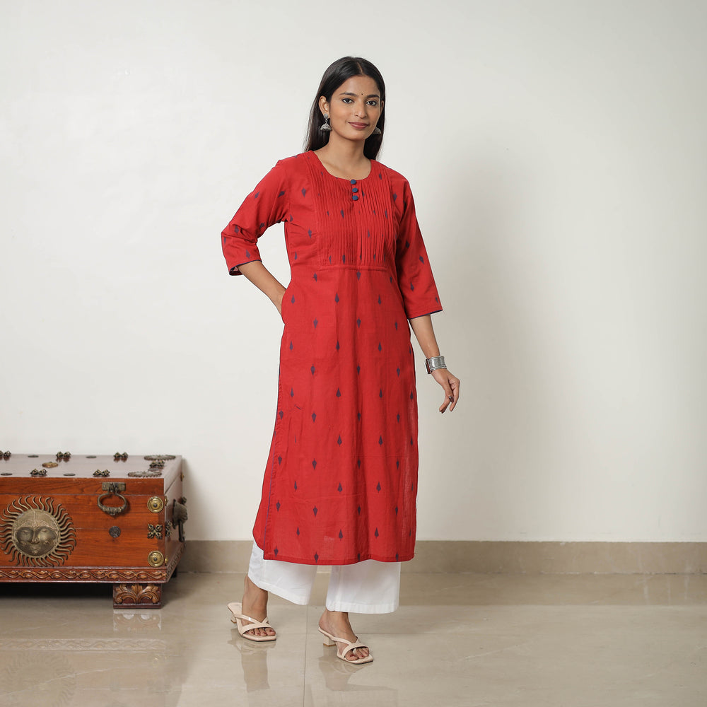 Red - Pure Cotton Pintuck Straight Jacquard Kurta 10