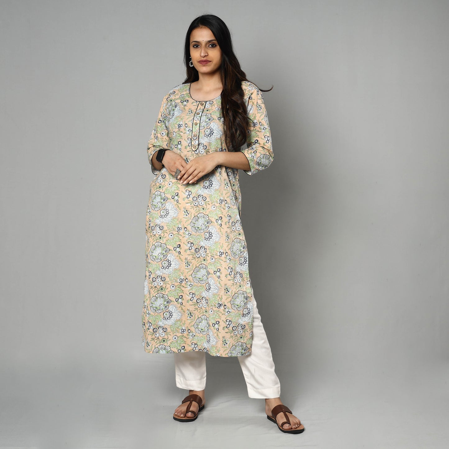 Peach - Sanganeri Block Printing Cotton Long Kurta