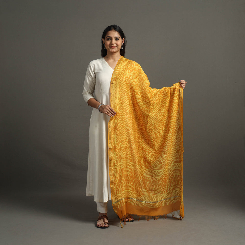 Orange - Block Printed Chanderi Silk Bagru Dupatta 03