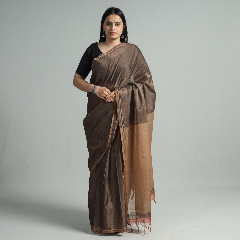 Brown - Dharwad Cotton Saree with Thread Border 03