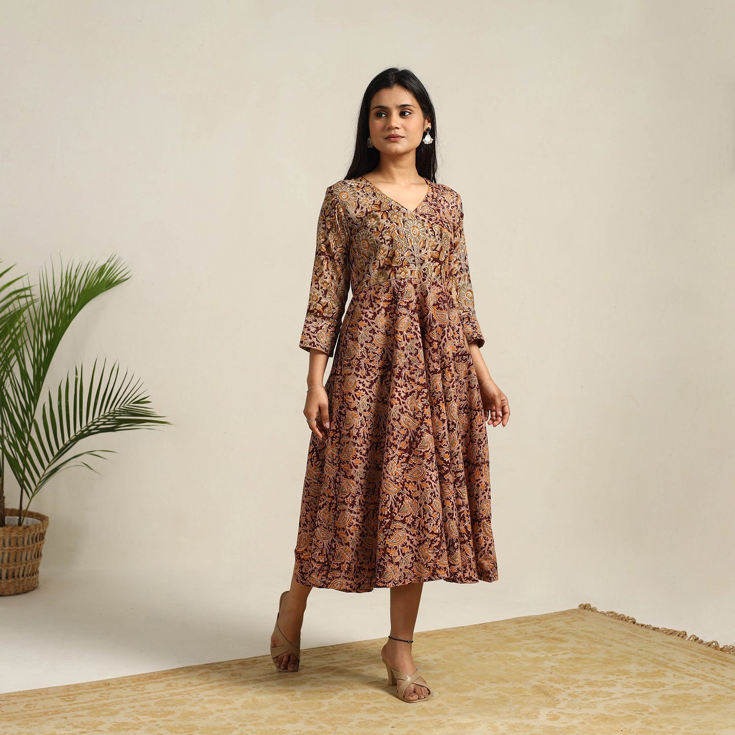 Pedana Block Print Cotton Flared Kalamkari Dress 02