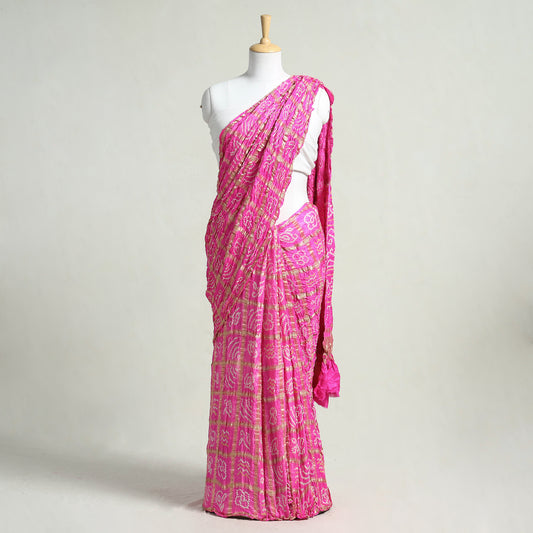 Pink - Kutch Bandhani Tie-Dye Gajji Silk Zari Checks Gharchola Saree