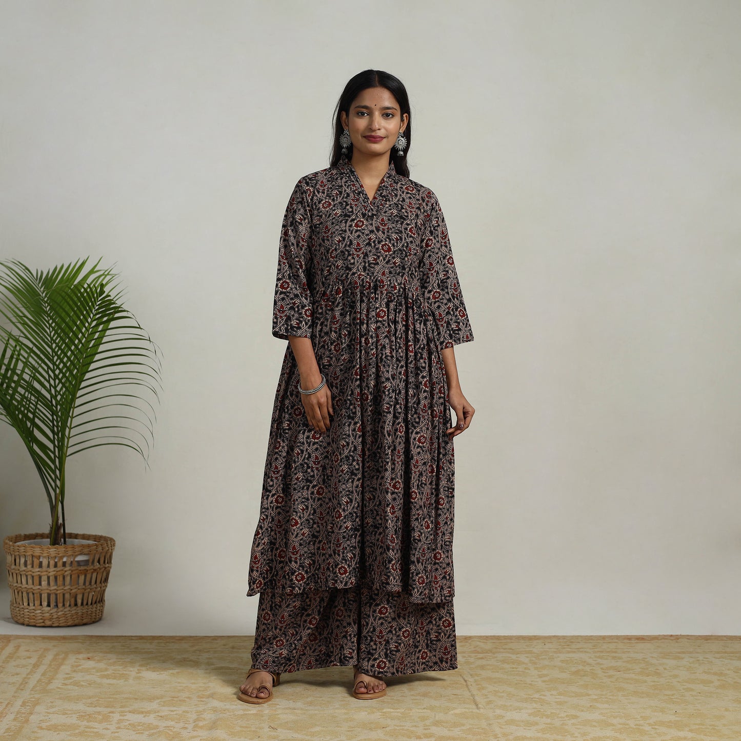 Black - Flared Cotton Block Print Kalamkari Kurta Set 06