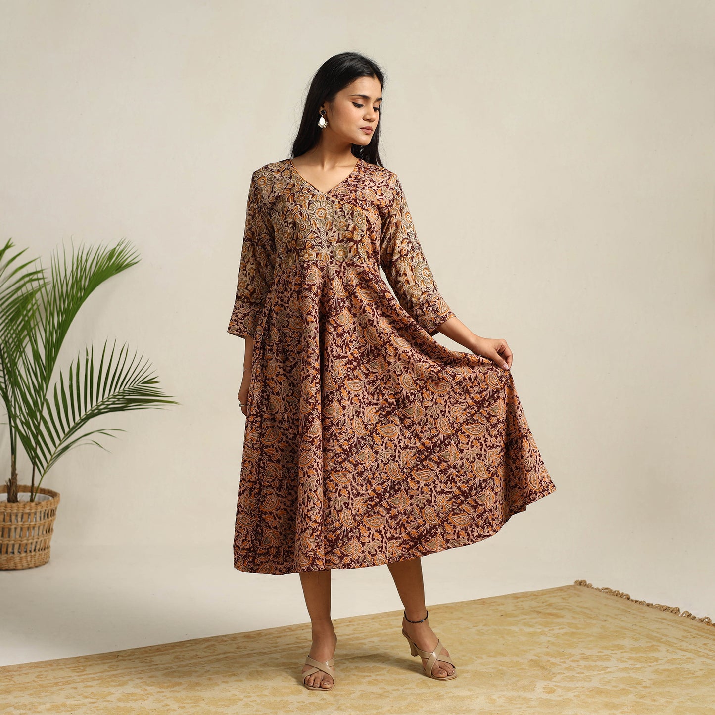 Pedana Block Print Cotton Flared Kalamkari Dress 02