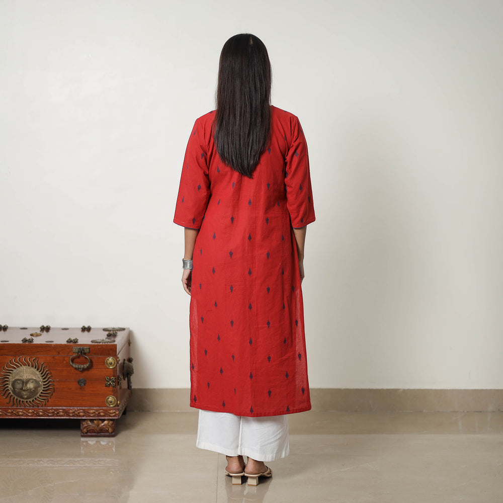 Red - Pure Cotton Pintuck Straight Jacquard Kurta 10