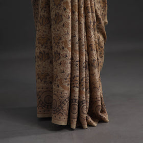 Beige Pedana Block Print Merino Wool Kalamkari Saree