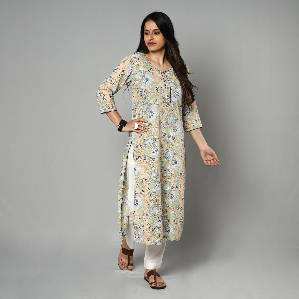 Peach - Sanganeri Block Printing Cotton Long Kurta