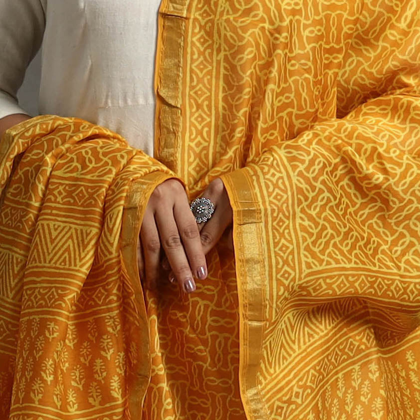 Orange - Block Printed Chanderi Silk Bagru Dupatta 03