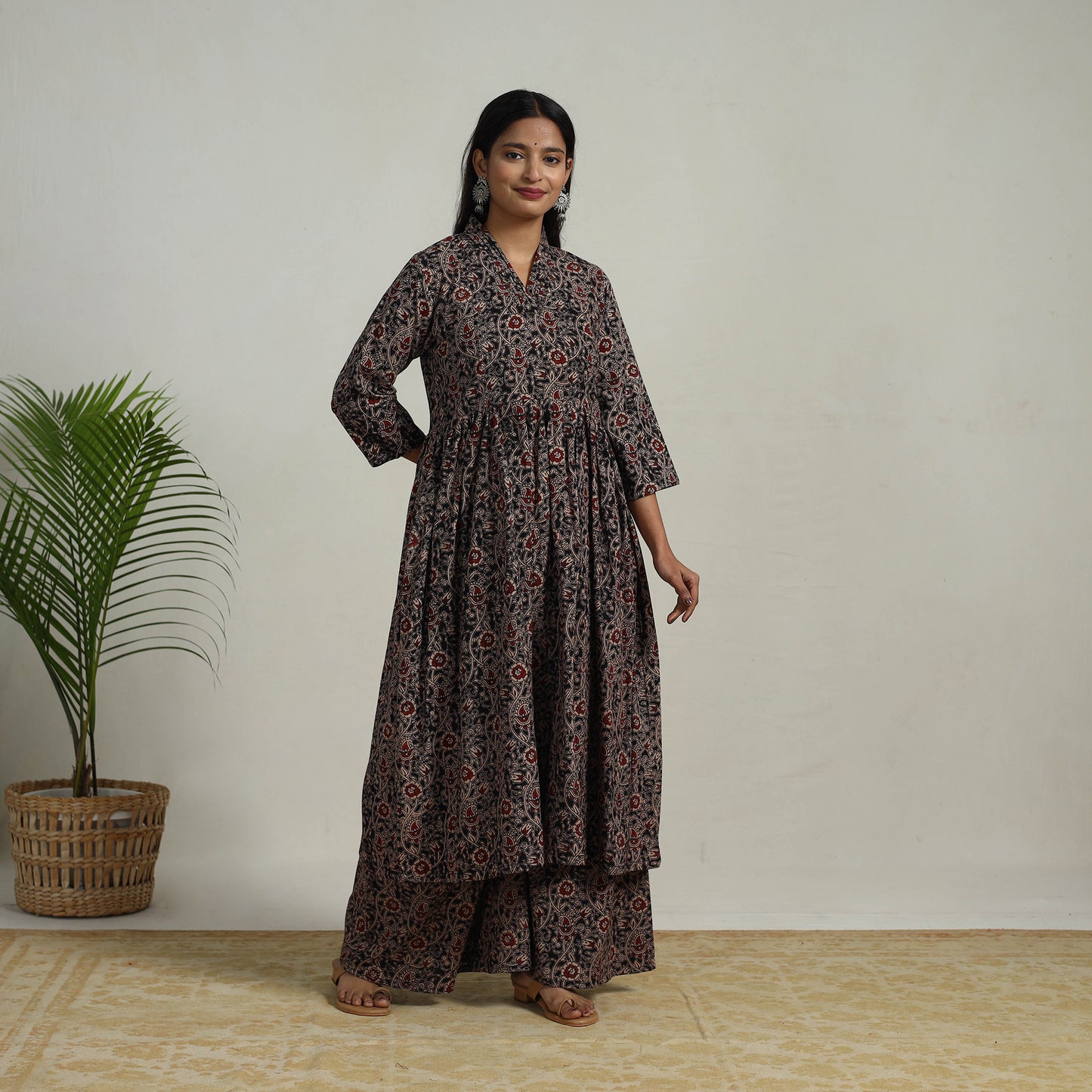 Black - Flared Cotton Block Print Kalamkari Kurta Set 06