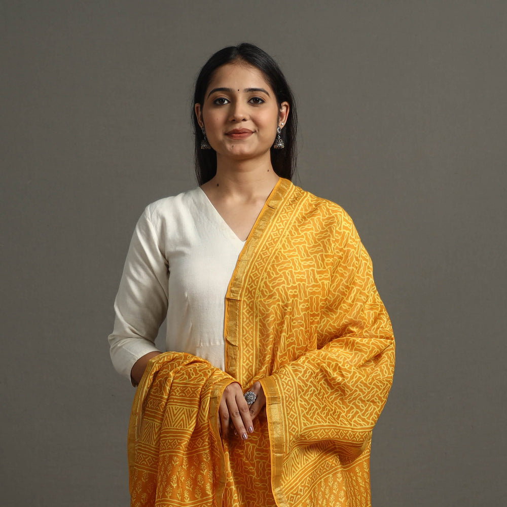 Orange - Block Printed Chanderi Silk Bagru Dupatta 03