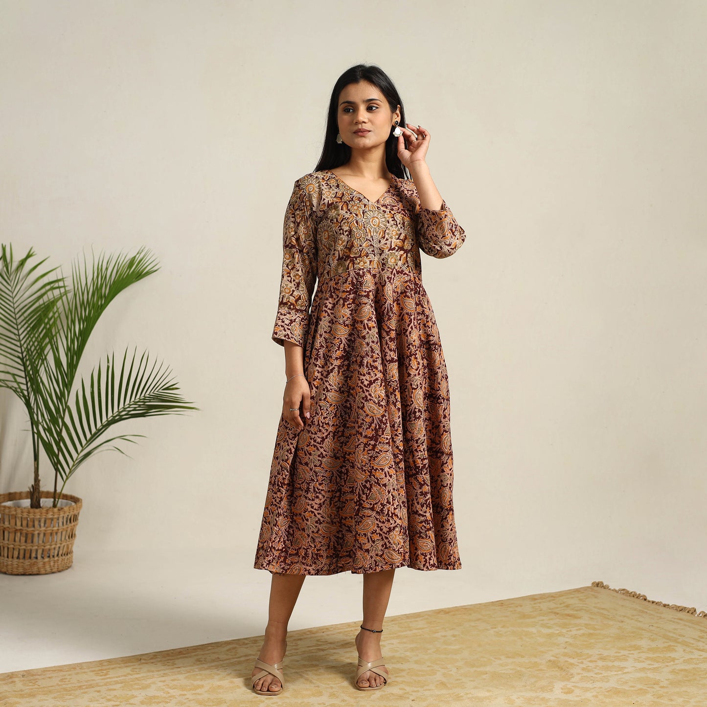 Pedana Block Print Cotton Flared Kalamkari Dress 02