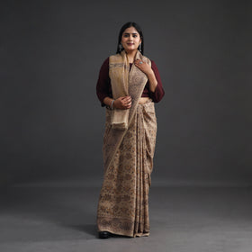Beige Pedana Block Print Merino Wool Kalamkari Saree