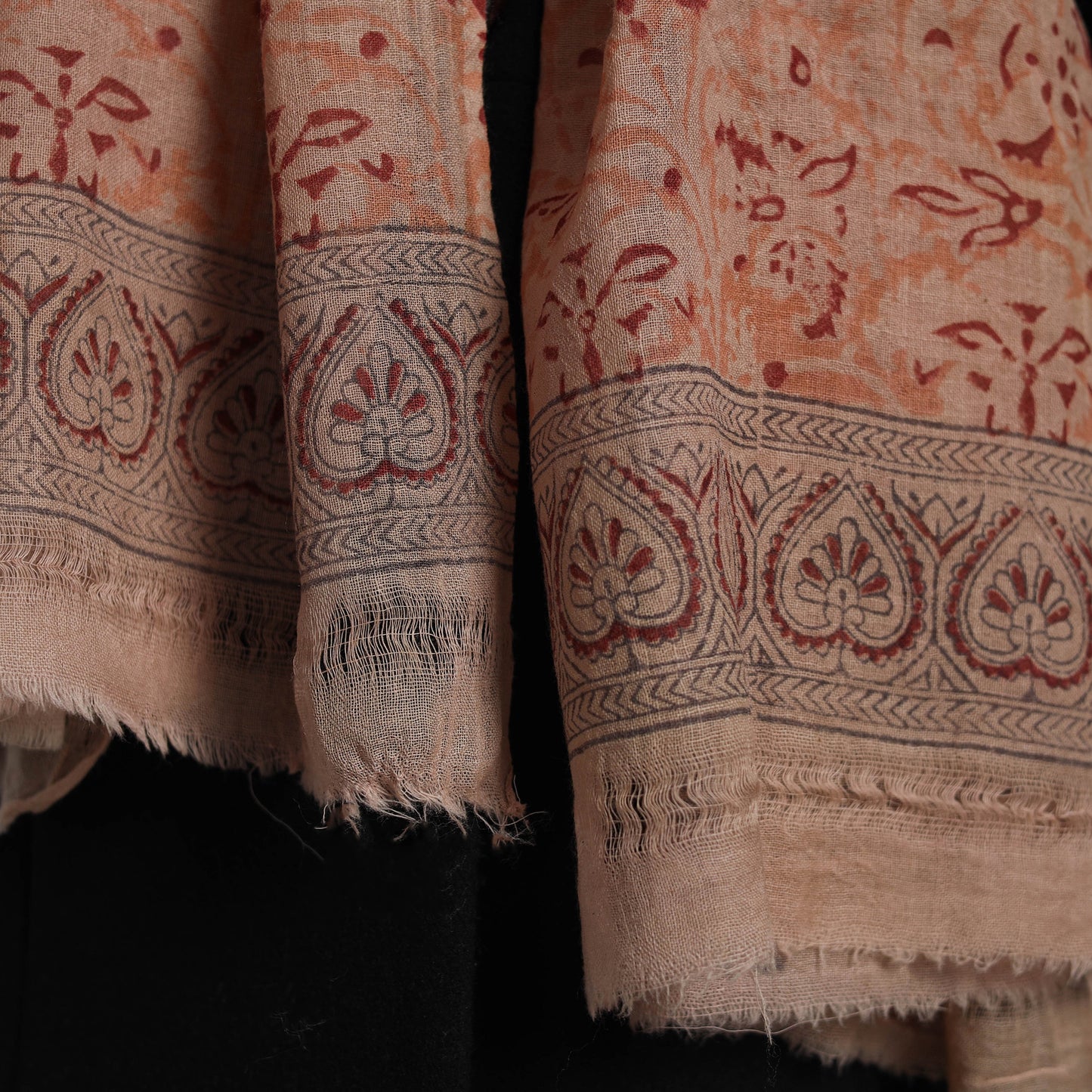 Beige - Block Print Pedana Kalamkari Wool Stole 33