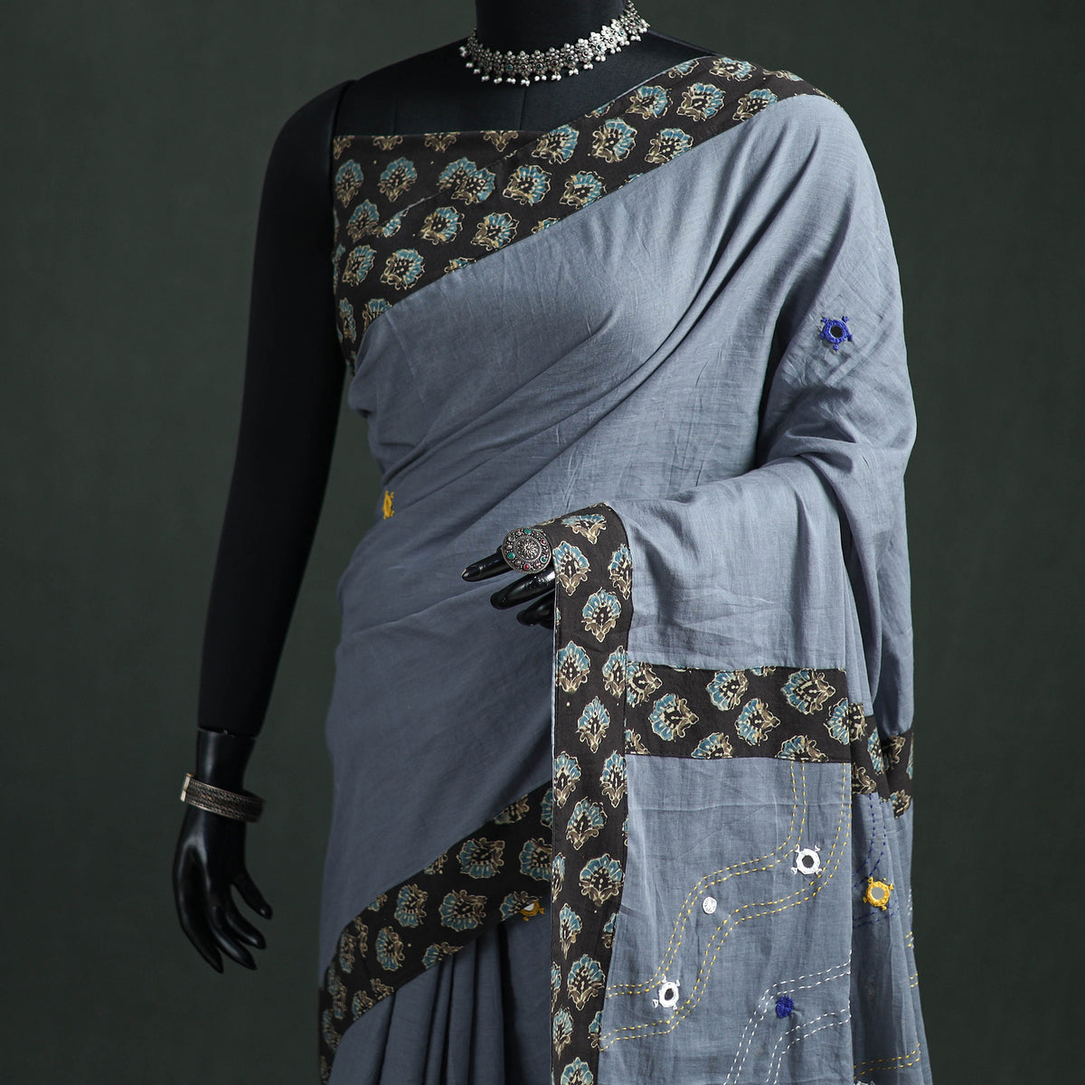 Tagai & Mirror Embroidered Ajrakh Patchwork Pure Mul Cotton Saree with Blouse Piece 11