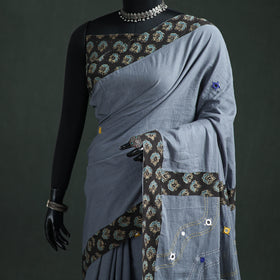 Tagai & Mirror Embroidered Ajrakh Patchwork Pure Mul Cotton Saree with Blouse Piece 11