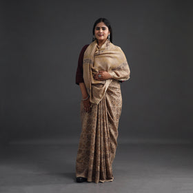 Beige Pedana Block Print Merino Wool Kalamkari Saree