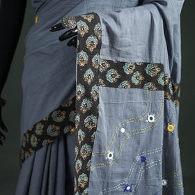 Tagai & Mirror Embroidered Ajrakh Patchwork Pure Mul Cotton Saree with Blouse Piece 11