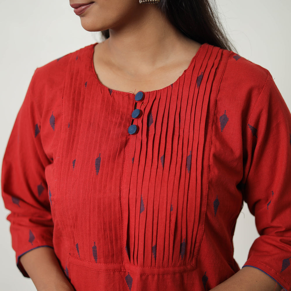 Red - Pure Cotton Pintuck Straight Jacquard Kurta 10