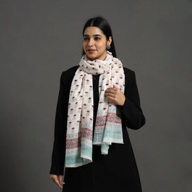 White - pure wool sanganeri stole 08 - handcrafted