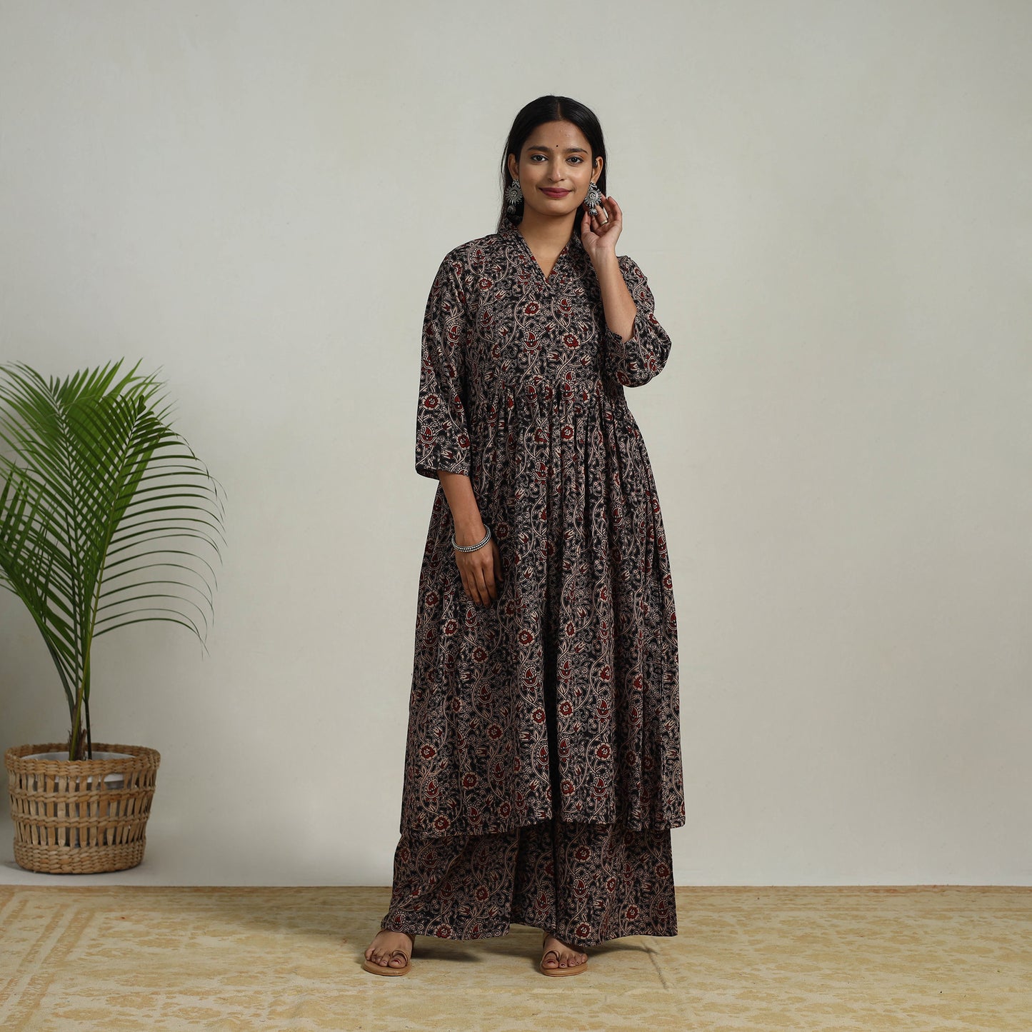 Black - Flared Cotton Block Print Kalamkari Kurta Set 06