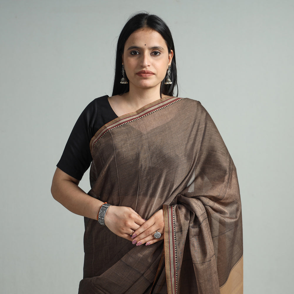 Brown - Dharwad Cotton Saree with Thread Border 03