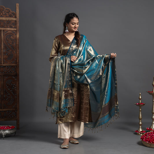 Brown - Traditional Maheshwari Tissue Zari Work Cotton Handloom Kurta with Dupatta Set
