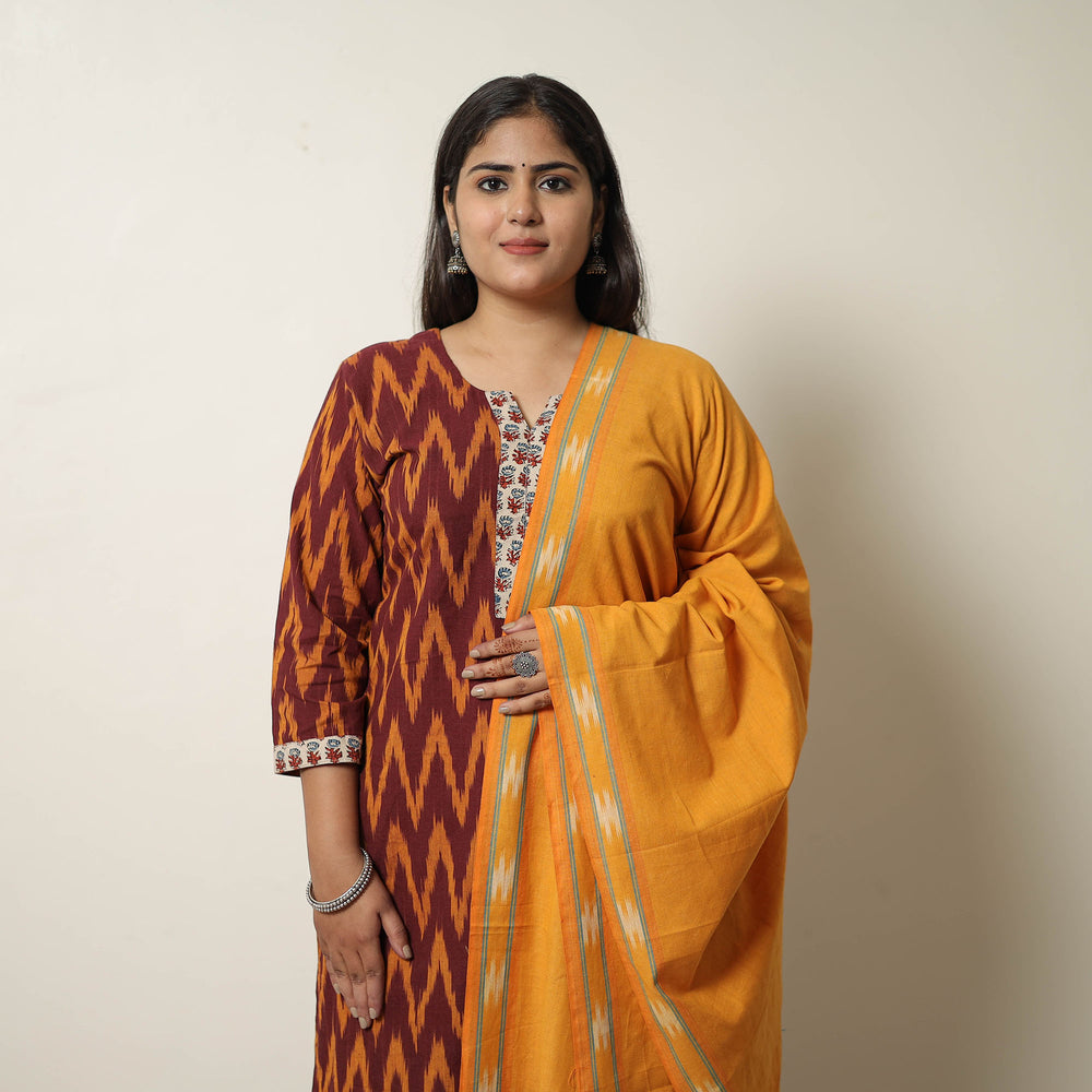 Maroon - Handloom Cotton Pochampally Ikat Kurta Set 15