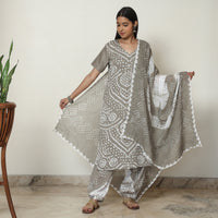 Grey - Bandhani Tie-Dye Cotton Kurta with Afghani Salwar & Dupatta Set 02