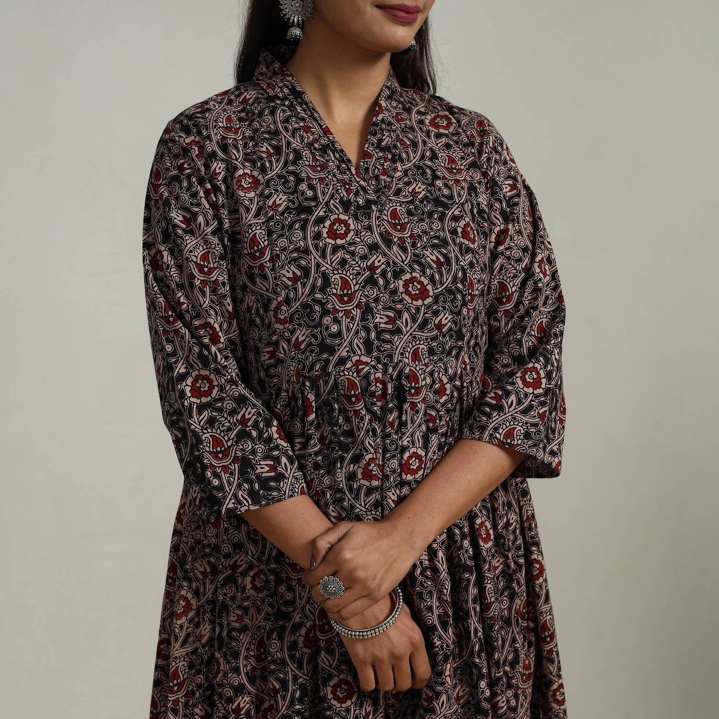 Black - Flared Cotton Block Print Kalamkari Kurta Set 06