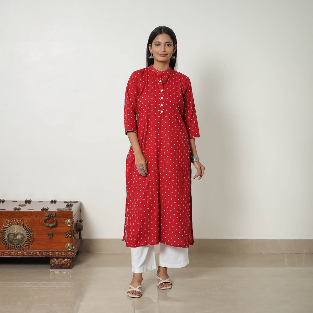 Red - Pure Cotton A-Line Jacquard Kurta 02