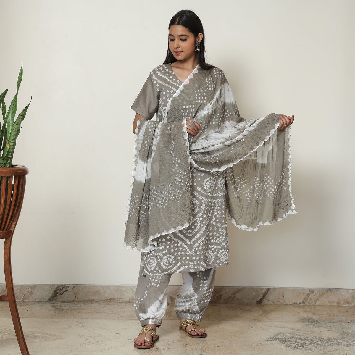 Grey - Bandhani Tie-Dye Cotton Kurta with Afghani Salwar & Dupatta Set 02