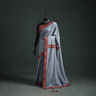 Tagai & Mirror Embroidered Ajrakh Patchwork Pure Mul Cotton Saree with Blouse Piece 12