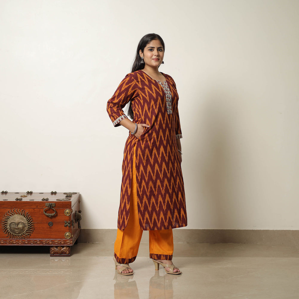 Maroon - Handloom Cotton Pochampally Ikat Kurta Set 15