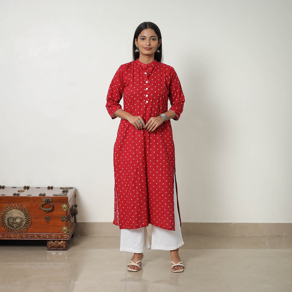 Red - Pure Cotton A-Line Jacquard Kurta 02