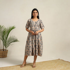 Beige - Pedana Block Print Cotton Flared Kalamkari Dress 10